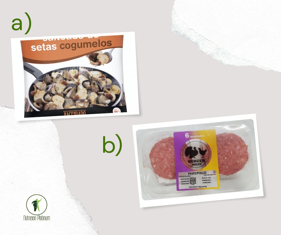 Salteado de setas con hamburguesas de pollo.